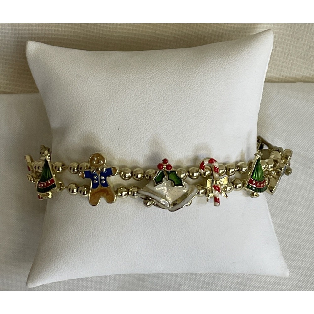 Avon Vintage Christmas Charm Bracelet Women Gold Tone Enameled Holiday Jewelry